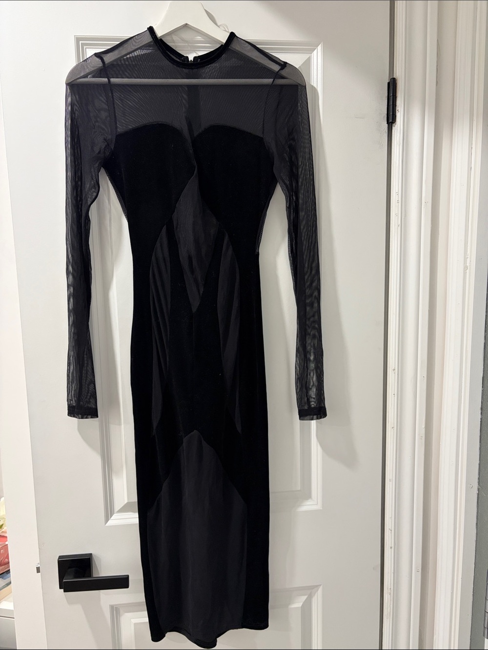 Black Sheer and Velvet Paneled Long-Sleeve Midi Dress